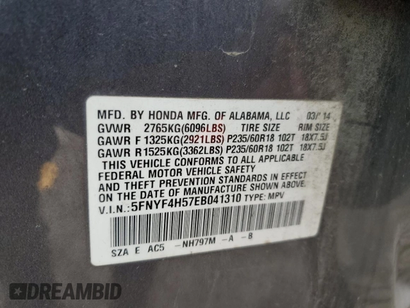 2014 Honda Pilot EX-L with VIN 5FNYF4H57EB041310, listed as a Copart auction lot 49483535 with 163,419 mi miles and Salvage Title. Bid and sale history available at carsss.com. Image 13.