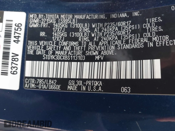 2011 Toyota Sienna XLE AAS with VIN 5TDYK3DCXBS113103, listed as a IAAI auction lot 41505972 with 170,919 mi miles and . Bid and sale history available at DreamBid. Image 9.