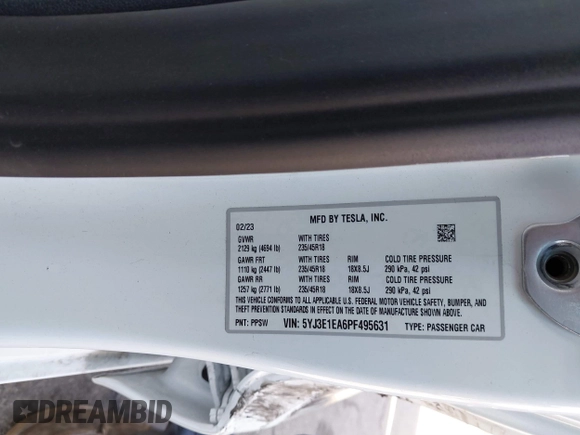 2023 Tesla Model 3 with VIN 5YJ3E1EA6PF495631, listed as a IAAI auction lot 41568118 with 10,073 mi miles and . Bid and sale history available at DreamBid. Image 9.
