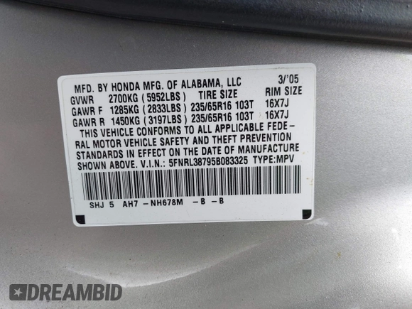 2005 Honda Odyssey EX-L with VIN 5FNRL38795B083325, listed as a IAAI auction lot 42034632 with 183,865 mi miles. Bid and sale history available at carsss.com. Image 9.