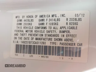 2012 Honda Accord EX with VIN 1HGCS1B73CA011260, listed as a IAAI auction lot 42180968 with 93,317 mi miles and . Bid and sale history available at DreamBid. Image 9.