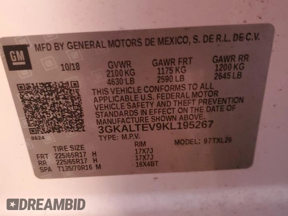 2019 GMC Terrain SLE with VIN 3GKALTEV9KL195267, listed as a Copart auction lot 86760624 with 60,331 mi miles and Salvage title. Bid and sale history available at DreamBid. Image 15.