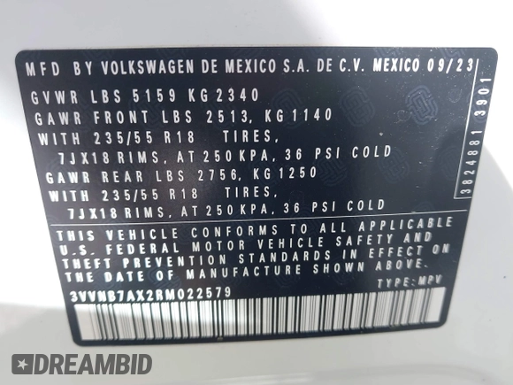 2024 Volkswagen Tiguan SE with VIN 3VVNB7AX2RM022579, listed as a IAAI auction lot 41819850 with 8,651 mi miles and . Bid and sale history available at DreamBid. Image 9.