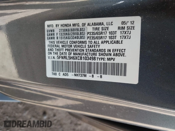 2012 Honda Odyssey EX-L with VIN 5FNRL5H6XCB103498, listed as a IAAI auction lot 42065658 with 104,933 mi miles and . Bid and sale history available at carsss.com. Image 9.