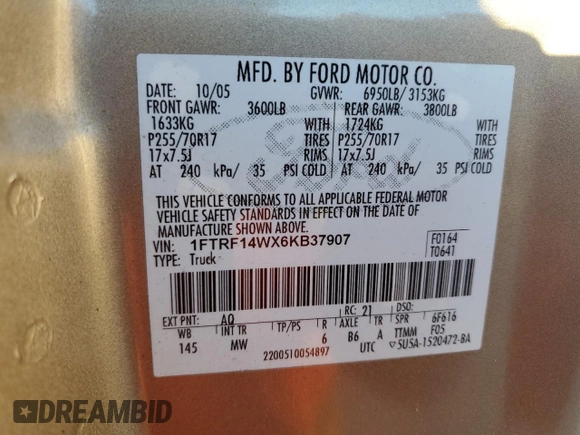 2006 Ford F-150 XL with VIN 1FTRF14WX6KB37907, listed as a Copart auction lot 76705714 with 722,973 mi miles and Salvage Title. Bid and sale history available at carsss.com. Image 12.