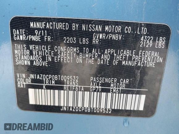 2011 Nissan LEAF SL-e with VIN JN1AZ0CP0BT009532, listed as a IAAI auction lot 41631314 with 83,541 mi miles. Bid and sale history available at carsss.com. Image 9.