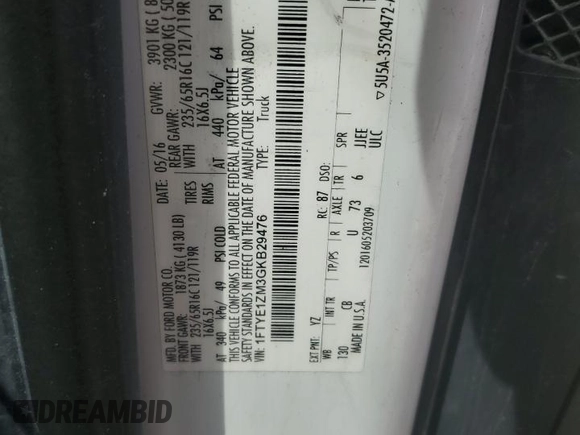 2016 Ford Transit Cargo with VIN 1FTYE1ZM3GKB29476, listed as a Copart auction lot 48872505 with 201,196 mi miles and Salvage Title. Bid and sale history available at carsss.com. Image 13.