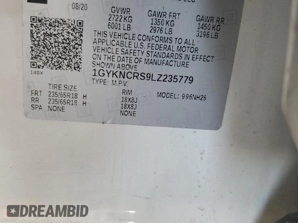 2020 Cadillac XT5 Premium Luxury FWD with VIN 1GYKNCRS9LZ235779, listed as a Copart auction lot 47775965 with 59,501 mi miles and Salvage Title. Bid and sale history available at carsss.com. Image 15.