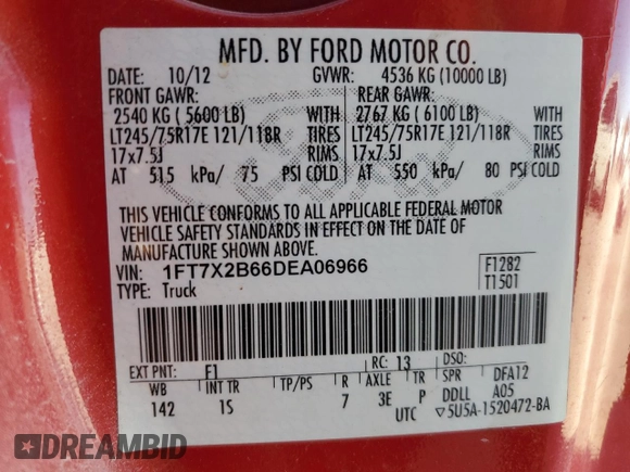 2013 Ford F-250 XL with VIN 1FT7X2B66DEA06966, listed as a Copart auction lot 87857915 with 63,088 mi miles and Clean Title. Bid and sale history available at DreamBid. Image 13.
