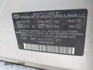 2015 Hyundai Sonata SE z VIN 5NPE24AFXFH167360, wystawiony jako IAAI lot #41959945 z przebiegiem 182 524 mil mil oraz . Historia ofert i sprzedaży dostępna na DreamBid. Obrazek 9.