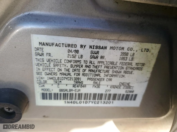 2000 Nissan Altima XE with VIN 1N4DL01D7YC213201, listed as a Copart auction lot 79278564 with 98,112 mi miles and Clean Title. Bid and sale history available at carsss.com. Image 12.