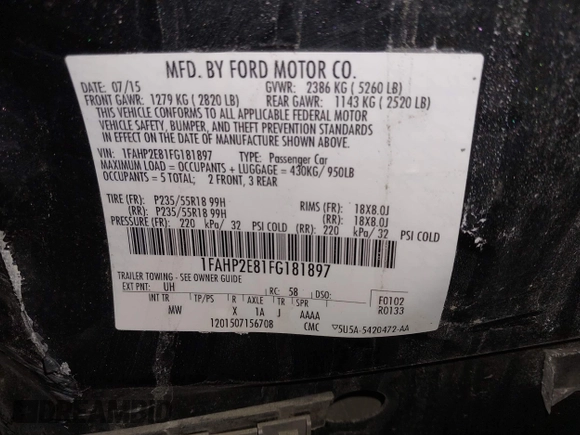2015 Ford Taurus SEL with VIN 1FAHP2E81FG181897, listed as a IAAI auction lot 41598004 with Not Provided miles and . Bid and sale history available at carsss.com. Image 9.