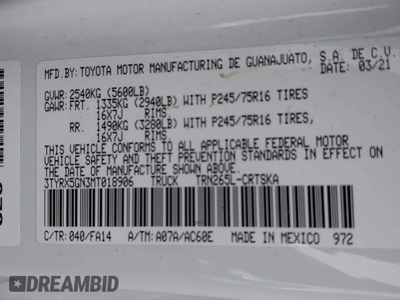 2021 Toyota Tacoma SR с VIN 3TYRX5GN3MT018906, выставлен на аукционе IAAI как лот 42131299 с пробегом 43 023 миль миль и . История ставок и продаж доступна на DreamBid. Изображение 9.