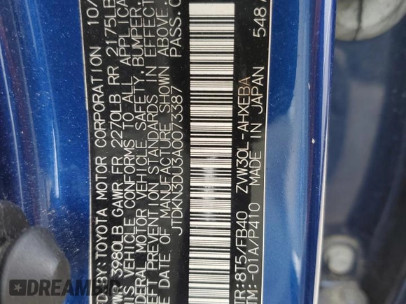2010 Toyota Prius II z VIN JTDKN3DU3A0073387, wystawiony jako Copart lot #57289115 z przebiegiem 131 019 mil mil oraz Szkoda całkowita • Salvage title. Historia ofert i sprzedaży dostępna na DreamBid. Obrazek 12.