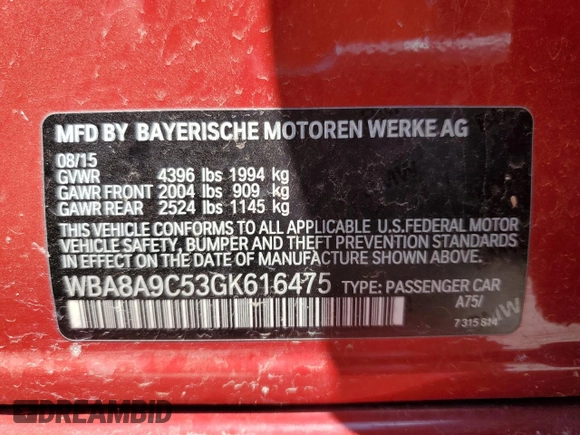 2016 BMW 3 Series 320i with VIN WBA8A9C53GK616475, listed as a Copart auction lot 52821085 with 112,313 mi miles and Salvage Title. Bid and sale history available at carsss.com. Image 12.
