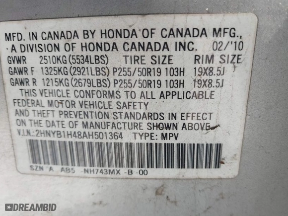 2010 Acura ZDX Tech Pkg with VIN 2HNYB1H48AH501364, listed as a IAAI auction lot 41881158 with 160,937 mi miles. Bid and sale history available at carsss.com. Image 9.