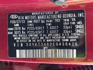 2014 Kia Sorento LX with VIN 5XYKT3A60EG438426, listed as a IAAI auction lot 41765847 with 166,897 mi miles and . Bid and sale history available at carsss.com. Image 9.