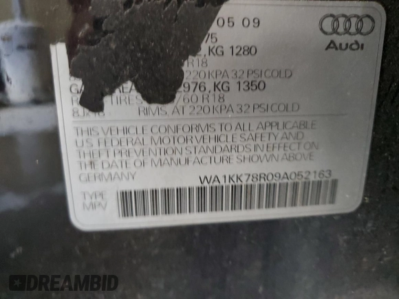 2009 Audi Q5 Premium Plus with VIN WA1KK78R09A052163, listed as a Copart auction lot 51495835 with 233,013 mi miles and Salvage title. Bid and sale history available at DreamBid. Image 13.