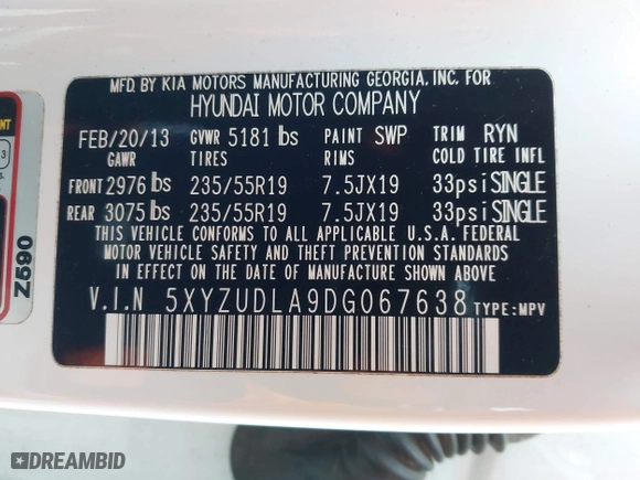 2013 Hyundai Santa Fe 2.0T Sport with VIN 5XYZUDLA9DG067638, listed as a IAAI auction lot 41781769 with 99,022 mi miles. Bid and sale history available at carsss.com. Image 9.