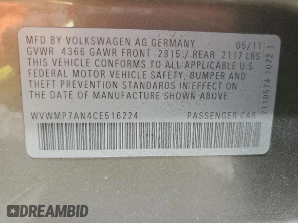 2012 Volkswagen CC Sport PZEV with VIN WVWMP7AN4CE516224, listed as a Copart auction lot 64900354 with 101,533 mi miles and Salvage Title. Bid and sale history available at carsss.com. Image 13.