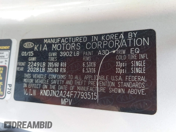 2015 Kia Soul with VIN KNDJN2A24F7793515, listed as a IAAI auction lot 41921297 with 111,967 mi miles. Bid and sale history available at carsss.com. Image 9.
