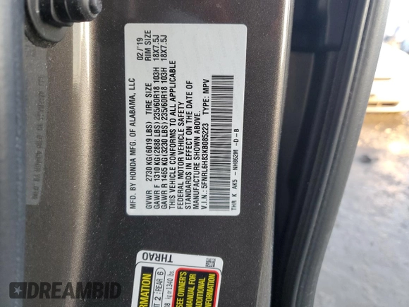 2019 Honda Odyssey Touring with VIN 5FNRL6H83KB085223, listed as a Copart auction lot 87628395 with 163,035 mi miles and Salvage Title. Bid and sale history available at carsss.com. Image 15.