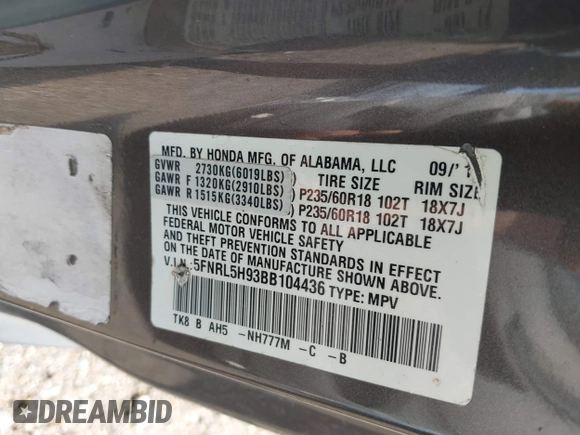 2011 Honda Odyssey Touring with VIN 5FNRL5H93BB104436, listed as a IAAI auction lot 40426003 with 93,342 mi miles and . Bid and sale history available at DreamBid. Image 9.