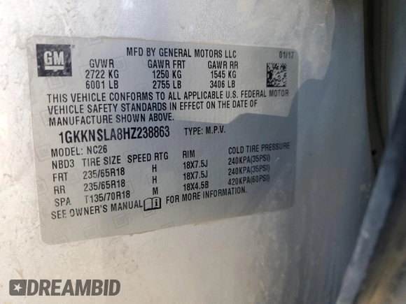 2017 GMC Acadia SLE with VIN 1GKKNSLA8HZ238863, listed as a Copart auction lot 79214604 with 227,071 mi miles and Salvage Title. Bid and sale history available at carsss.com. Image 13.