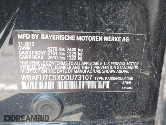 2013 BMW 5 Series 535i xDrive with VIN WBAFU7C5XDDU73107, listed as a IAAI auction lot 42556498 with 177,229 mi miles and . Bid and sale history available at DreamBid. Image 9.