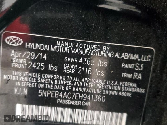 2014 Hyundai Sonata GLS with VIN 5NPEB4AC7EH941360, listed as a Copart auction lot 44618495 with 106,247 mi miles and Salvage Title. Bid and sale history available at carsss.com. Image 15.