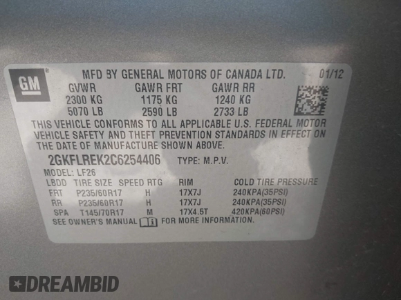 2012 GMC Terrain SLE-1 with VIN 2GKFLREK2C6254406, listed as a IAAI auction lot 42450169 with Not provided miles and . Bid and sale history available at DreamBid. Image 9.