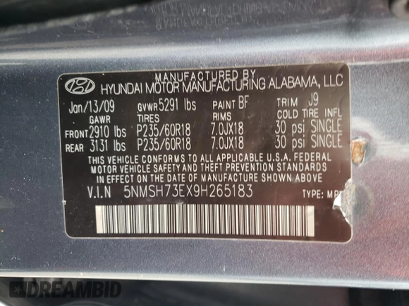 2009 Hyundai Santa Fe SE with VIN 5NMSH73EX9H265183, listed as a Copart auction lot 52118135 with 207,194 mi miles and Clean title. Bid and sale history available at DreamBid. Image 13.