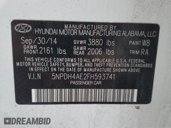 2015 Hyundai Elantra SE z VIN 5NPDH4AE2FH593741, wystawiony jako Copart lot #55476435 z przebiegiem 51 646 mil mil oraz Szkoda całkowita • Salvage title. Historia ofert i sprzedaży dostępna na DreamBid. Obrazek 12.