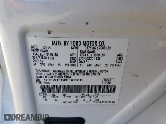 2015 Ford F-150 XLT z VIN 1FTEW1EGXFFA22819, wystawiony jako Copart lot #45397925 z przebiegiem 206 620 mil mil oraz Szkoda całkowita • Salvage title. Historia ofert i sprzedaży dostępna na DreamBid. Obrazek 14.