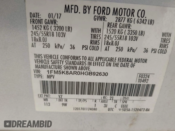 2017 Ford Police Interceptor Utility with VIN 1FM5K8AR0HGB92630, listed as a IAAI auction lot 42276713 with Not provided miles and . Bid and sale history available at DreamBid. Image 9.