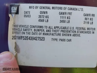 2003 Chevrolet Impala with VIN 2G1WF52E439427523, listed as a IAAI auction lot 42017652 with 153,687 mi miles. Bid and sale history available at carsss.com. Image 9.