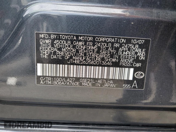 2008 Lexus IS 350 with VIN JTHBE262582013646, listed as a Copart auction lot 53187215 with 130,826 mi miles and Clean title. Bid and sale history available at DreamBid. Image 12.