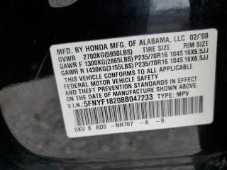 2008 Honda Pilot VP with VIN 5FNYF18208B047233, listed as a Copart auction lot 51956805 with 133,588 mi miles and Clean Title. Bid and sale history available at carsss.com. Image 15.