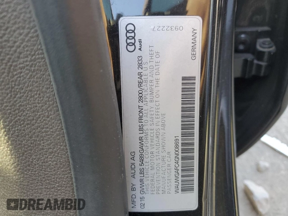 2016 Audi A7 3.0 Premium Plus with VIN WAUWGAFC4GN008691, listed as a Copart auction lot 80974753 with 114,983 mi miles. Bid and sale history available at carsss.com. Image 12.