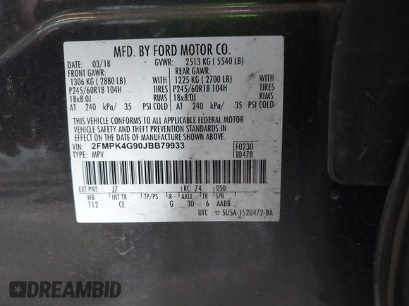 2018 Ford Edge SE with VIN 2FMPK4G90JBB79933, listed as a IAAI auction lot 41896201 with 60,939 mi miles and . Bid and sale history available at DreamBid. Image 9.