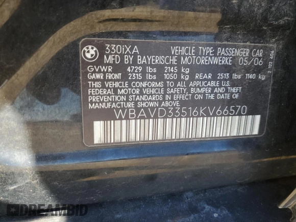 2006 BMW 3 Series 330xi with VIN WBAVD33516KV66570, listed as a Copart auction lot 61719964 with 150,641 mi miles and Clean Title. Bid and sale history available at carsss.com. Image 12.