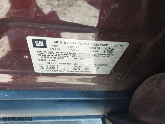 2018 Buick Encore Preferred II with VIN KL4CJBSB1JB677580, listed as a IAAI auction lot 41564573 with 151252 miles. Bid and sale history available at carsss.com. Image 9.