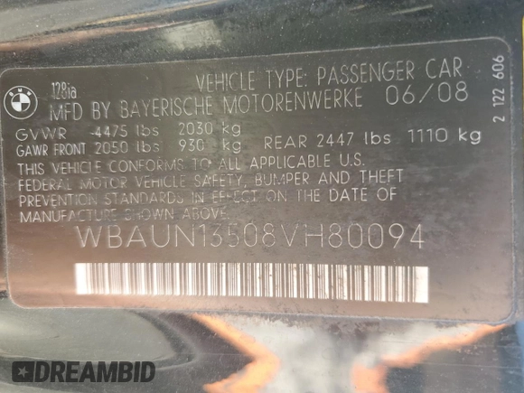 2008 BMW 1 Series 128i with VIN WBAUN13508VH80094, listed as a Copart auction lot 78333574 with 134,255 mi miles and Salvage Title. Bid and sale history available at DreamBid. Image 12.