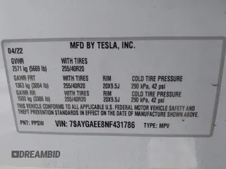 2022 Tesla Model Y Long Range with VIN 7SAYGAEE8NF431786, listed as a IAAI auction lot 41750353 with 67,846 mi miles and . Bid and sale history available at carsss.com. Image 9.
