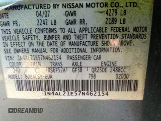 2007 Nissan Altima 2.5 with VIN 1N4AL21E57N462154, listed as a IAAI auction lot 41841513 with 243,059 mi miles. Bid and sale history available at carsss.com. Image 9.
