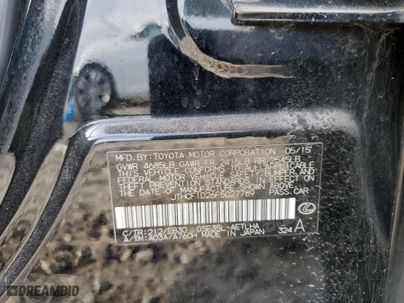 2015 Lexus IS 250 with VIN JTHCF1D26F5027789, listed as a Copart auction lot 54441345 with 0 mi miles and Salvage Title. Bid and sale history available at carsss.com. Image 13.