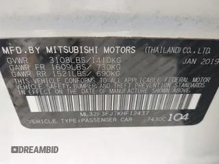 2019 Mitsubishi Mirage ES z VIN ML32F3FJ7KHF12437, wystawiony jako IAAI lot #42119078 z przebiegiem 63 135 mil mil oraz . Historia ofert i sprzedaży dostępna na DreamBid. Obrazek 9.