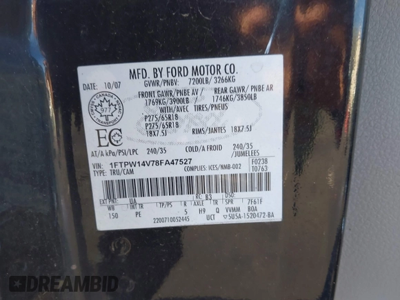 2008 Ford F-150 XLT with VIN 1FTPW14V78FA47527, listed as a IAAI auction lot 41646823 with 1 mi miles. Bid and sale history available at carsss.com. Image 9.