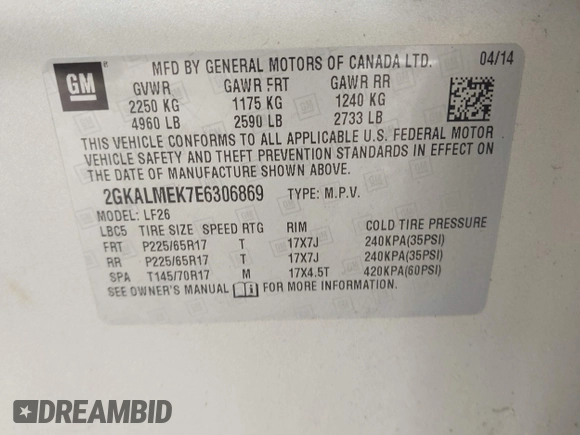 2014 GMC Terrain SLE with VIN 2GKALMEK7E6306869, listed as a IAAI auction lot 42274544 with 155,845 mi miles and . Bid and sale history available at DreamBid. Image 9.