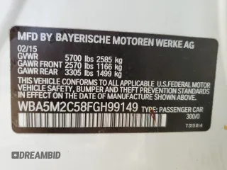 2015 BMW 5 Series 535i Gran Turismo with VIN WBA5M2C58FGH99149, listed as a Copart auction lot 57163285 with 124,610 mi miles and Salvage title. Bid and sale history available at DreamBid. Image 12.